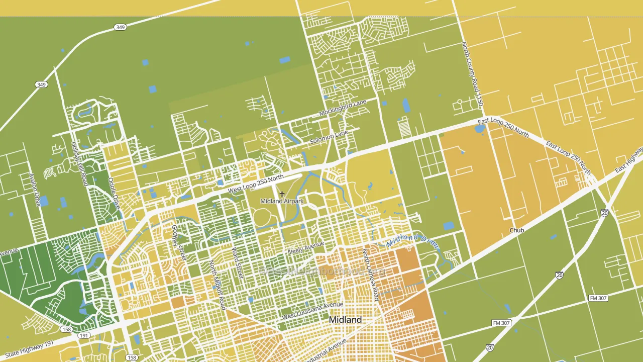 Map of the best neighborhoods in the 79705 area, with better matches in green and worse matches in red