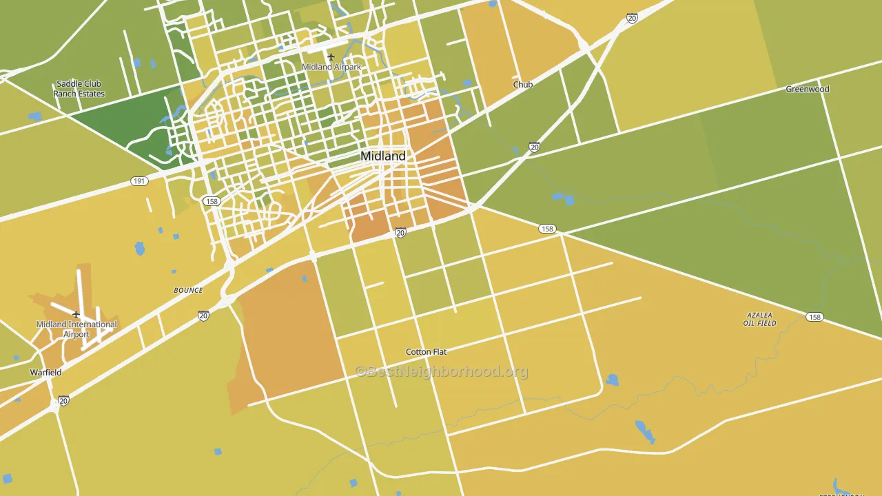 Map of the best neighborhoods in the 79706 area, with better matches in green and worse matches in red