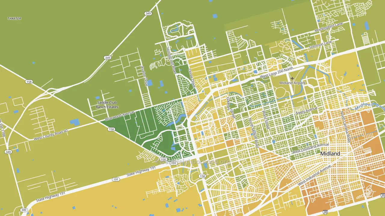 Map of the best neighborhoods in the 79707 area, with better matches in green and worse matches in red