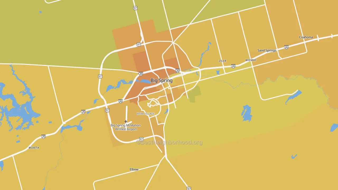 Map of the best neighborhoods in the 79720 area, with better matches in green and worse matches in red