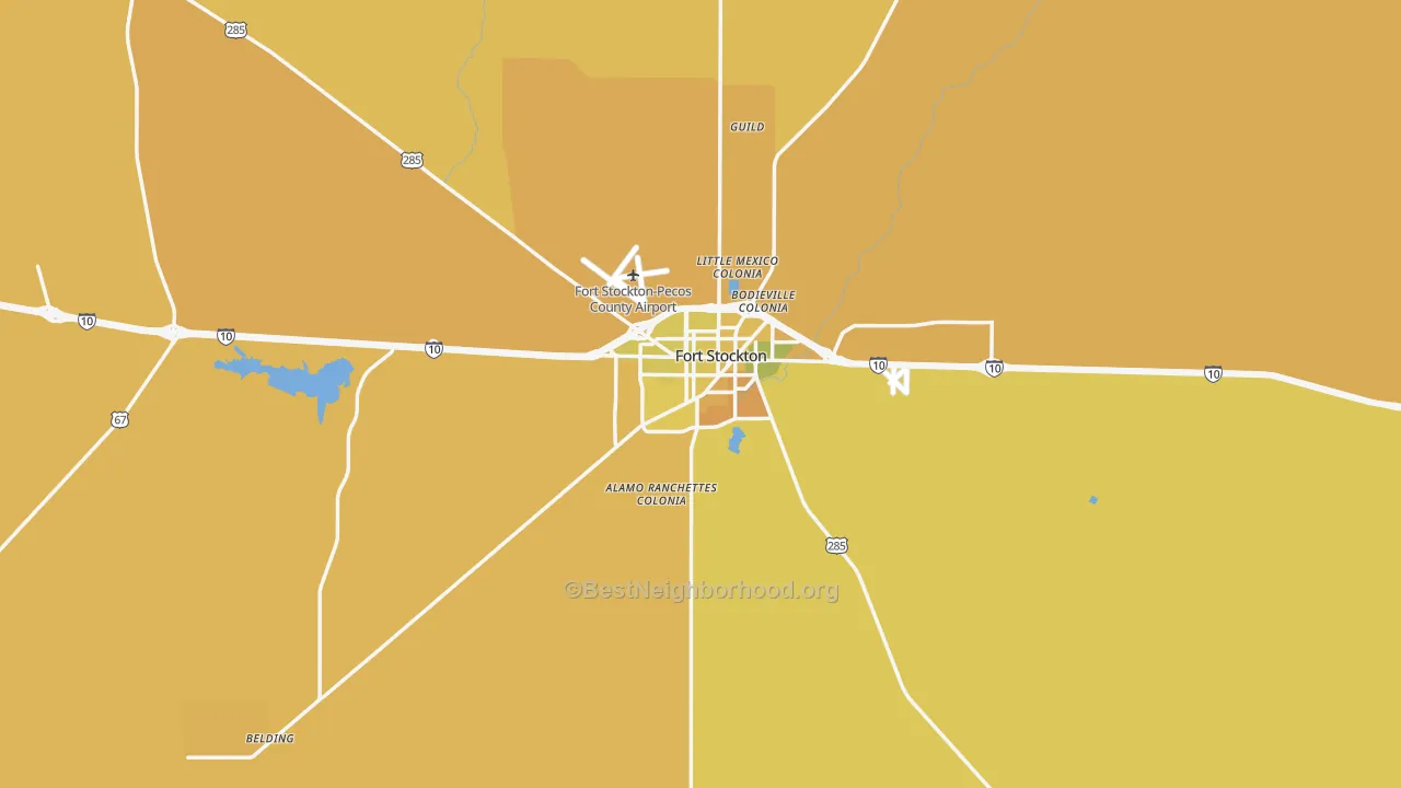 Map of the best neighborhoods in the 79735 area, with better matches in green and worse matches in red
