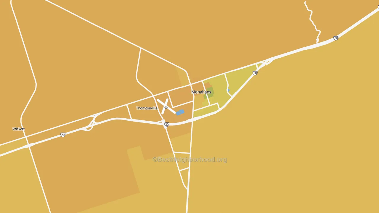 Map of the best neighborhoods in the 79756 area, with better matches in green and worse matches in red