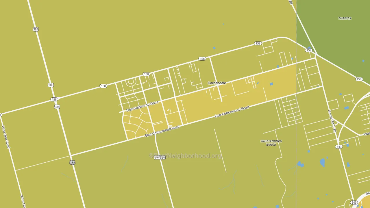 Map of the best neighborhoods in the 79758 area, with better matches in green and worse matches in red