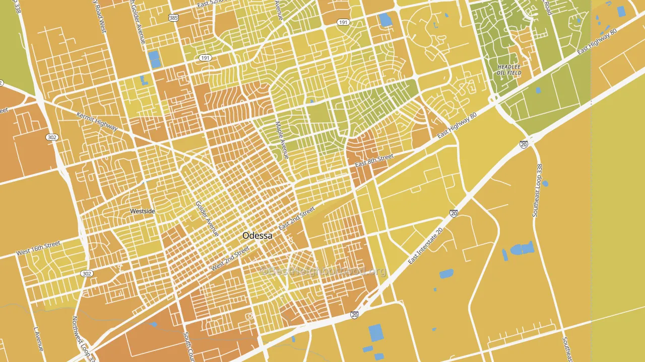Map of the best neighborhoods in the 79761 area, with better matches in green and worse matches in red