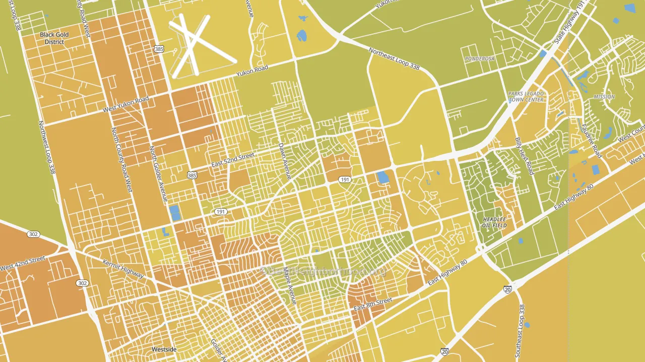 Map of the best neighborhoods in the 79762 area, with better matches in green and worse matches in red