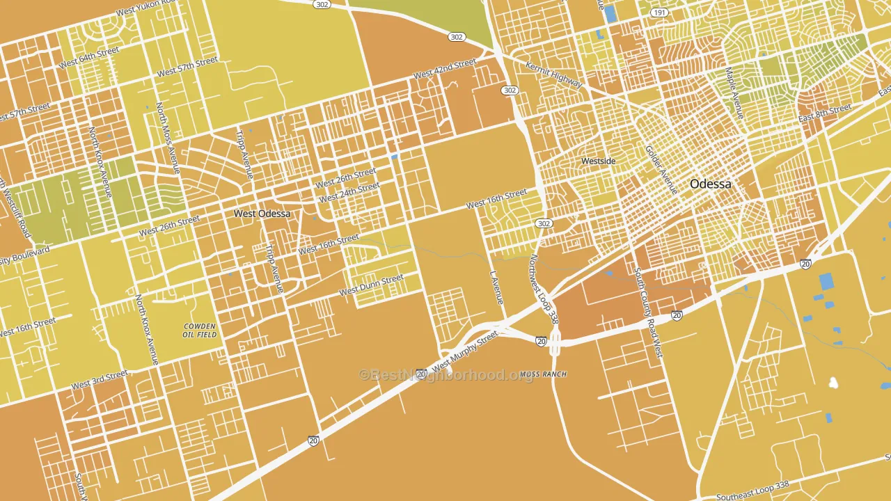 Map of the best neighborhoods in the 79763 area, with better matches in green and worse matches in red