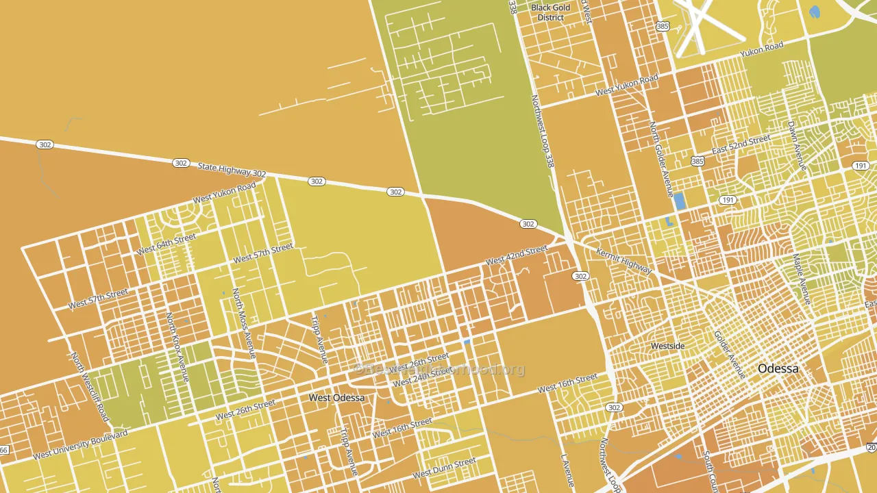 Map of the best neighborhoods in the 79764 area, with better matches in green and worse matches in red