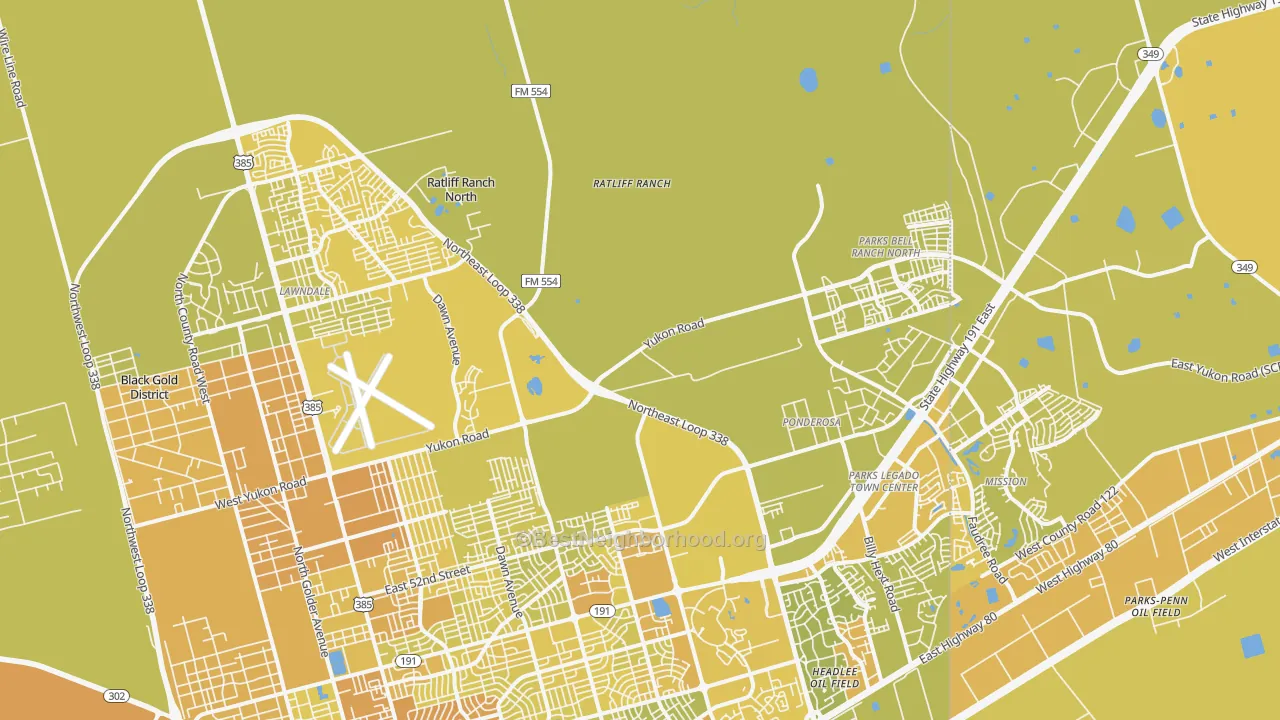 Map of the best neighborhoods in the 79765 area, with better matches in green and worse matches in red