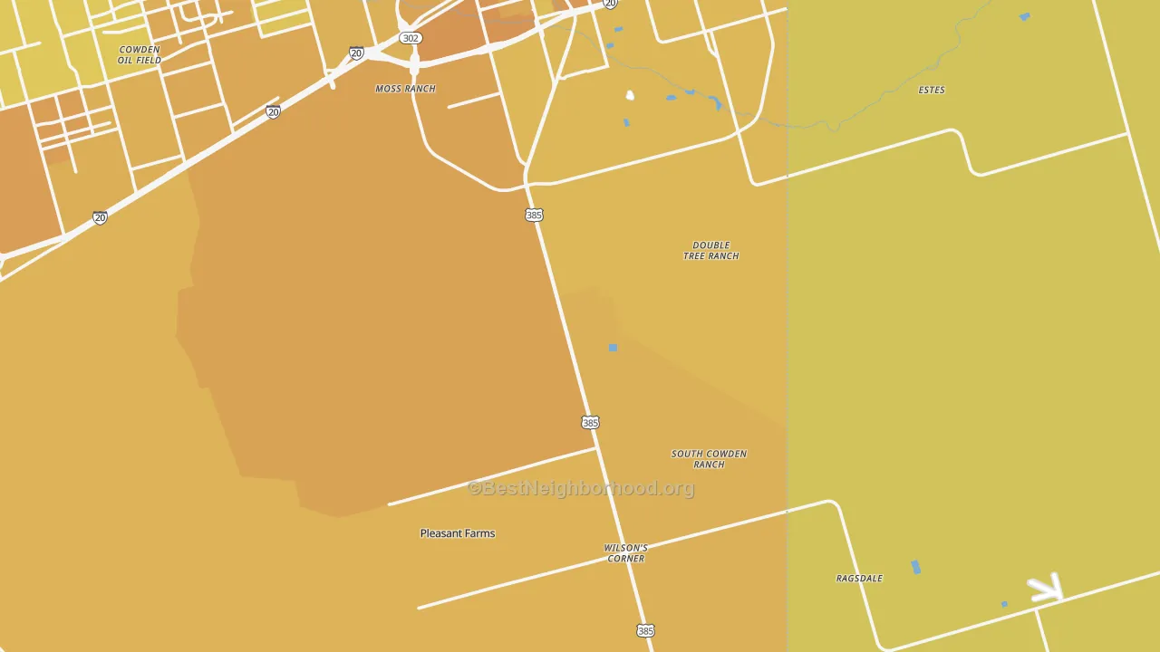 Map of the best neighborhoods in the 79766 area, with better matches in green and worse matches in red