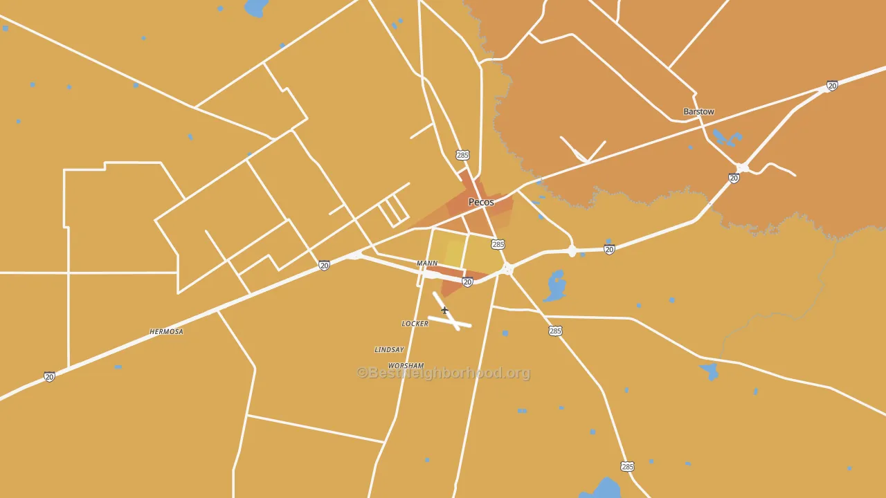 Map of the best neighborhoods in the 79772 area, with better matches in green and worse matches in red