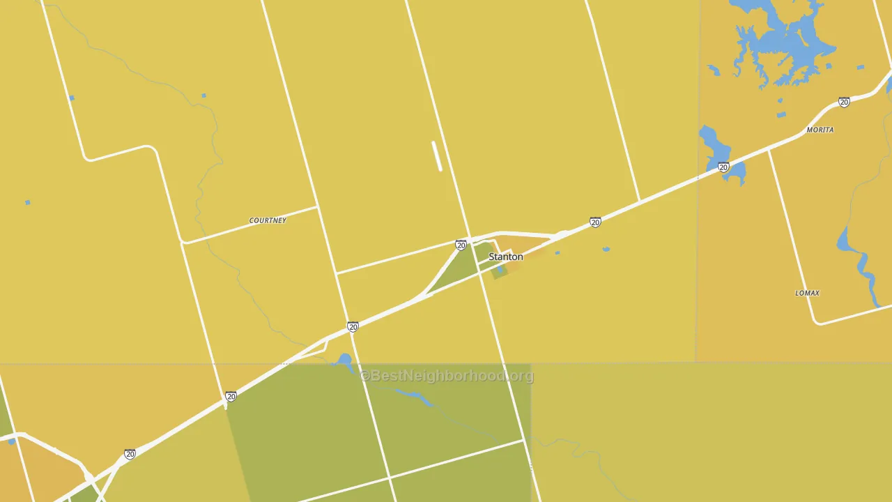 Map of the best neighborhoods in the 79782 area, with better matches in green and worse matches in red