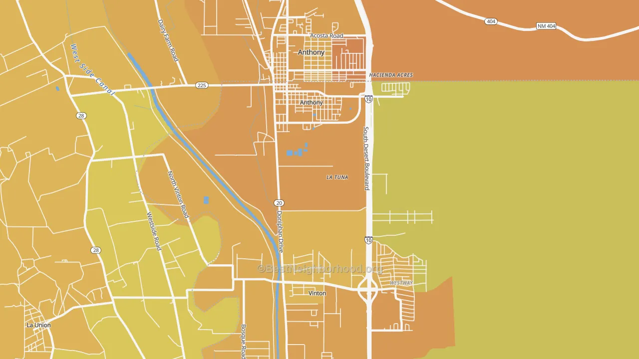 Map of the best neighborhoods in the 79821 area, with better matches in green and worse matches in red
