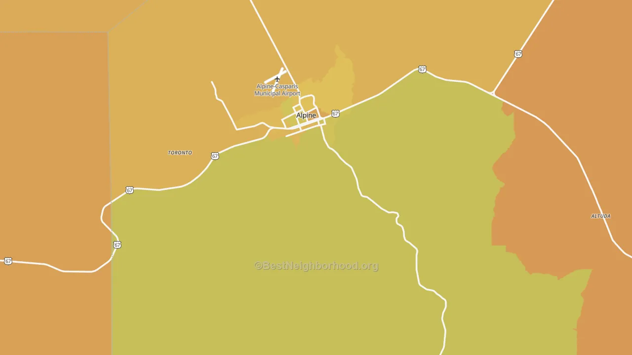 Map of the best neighborhoods in the 79830 area, with better matches in green and worse matches in red