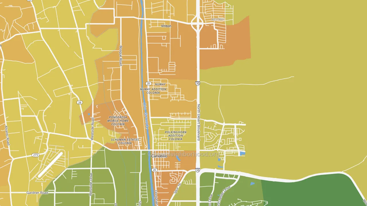 Map of the best neighborhoods in the 79835 area, with better matches in green and worse matches in red
