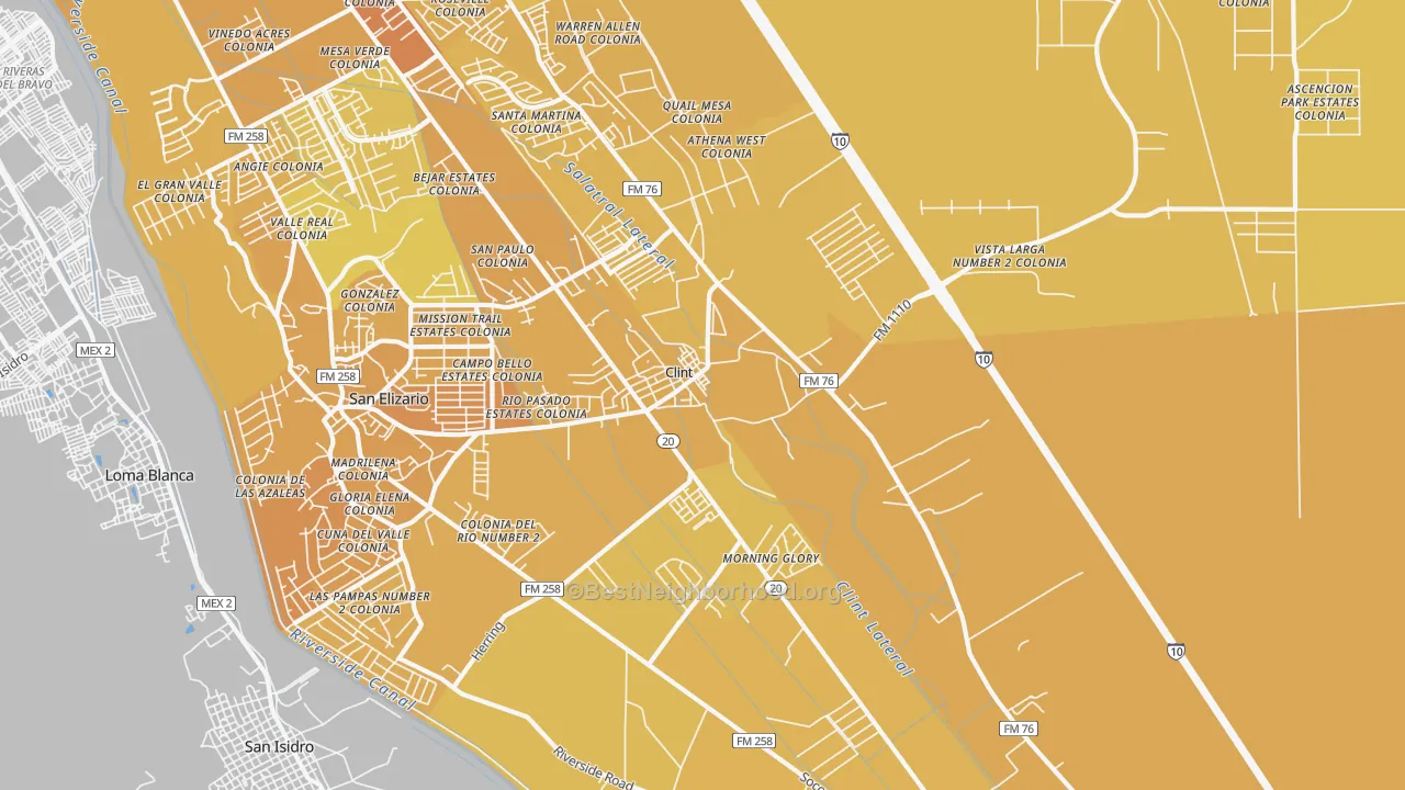 Map of the best neighborhoods in the 79836 area, with better matches in green and worse matches in red