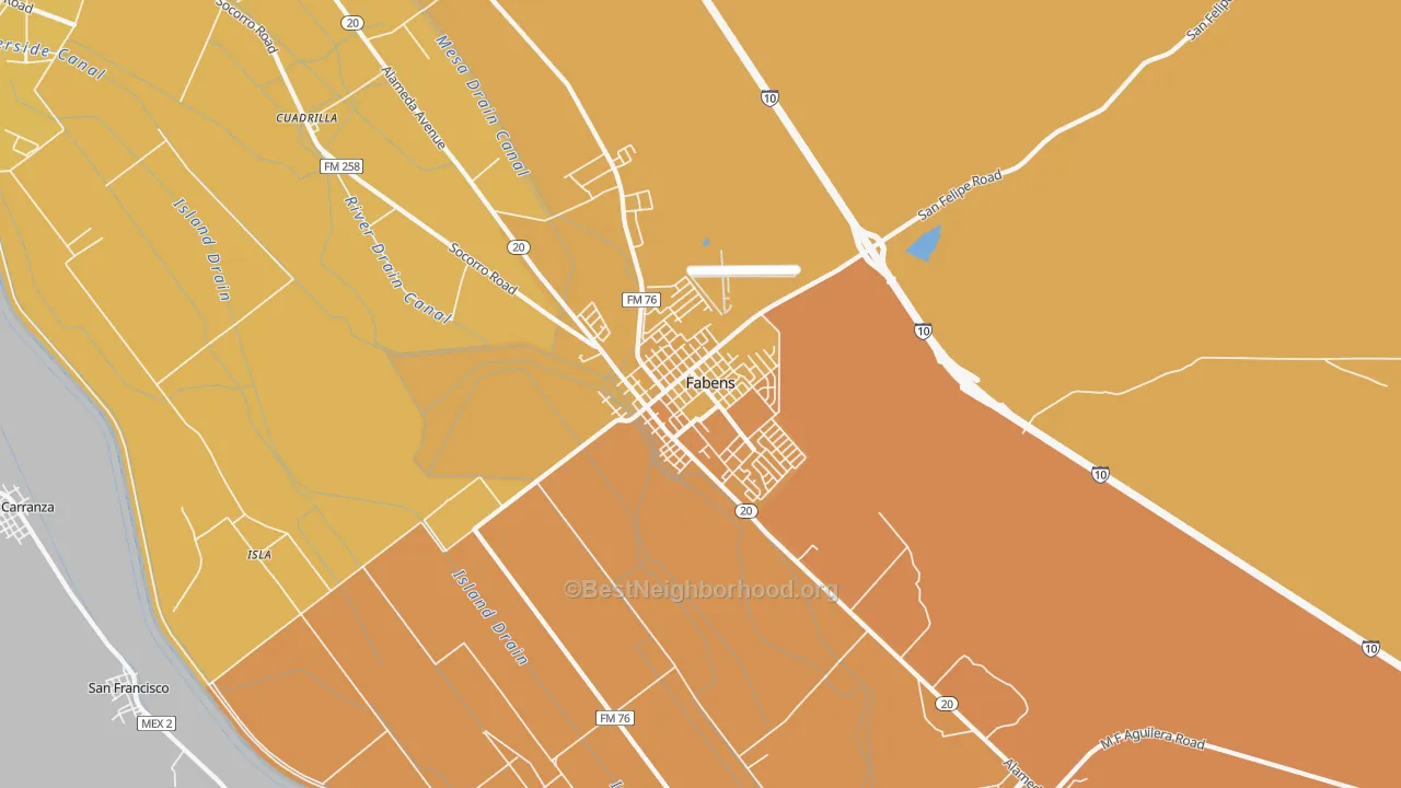 Map of the best neighborhoods in the 79838 area, with better matches in green and worse matches in red