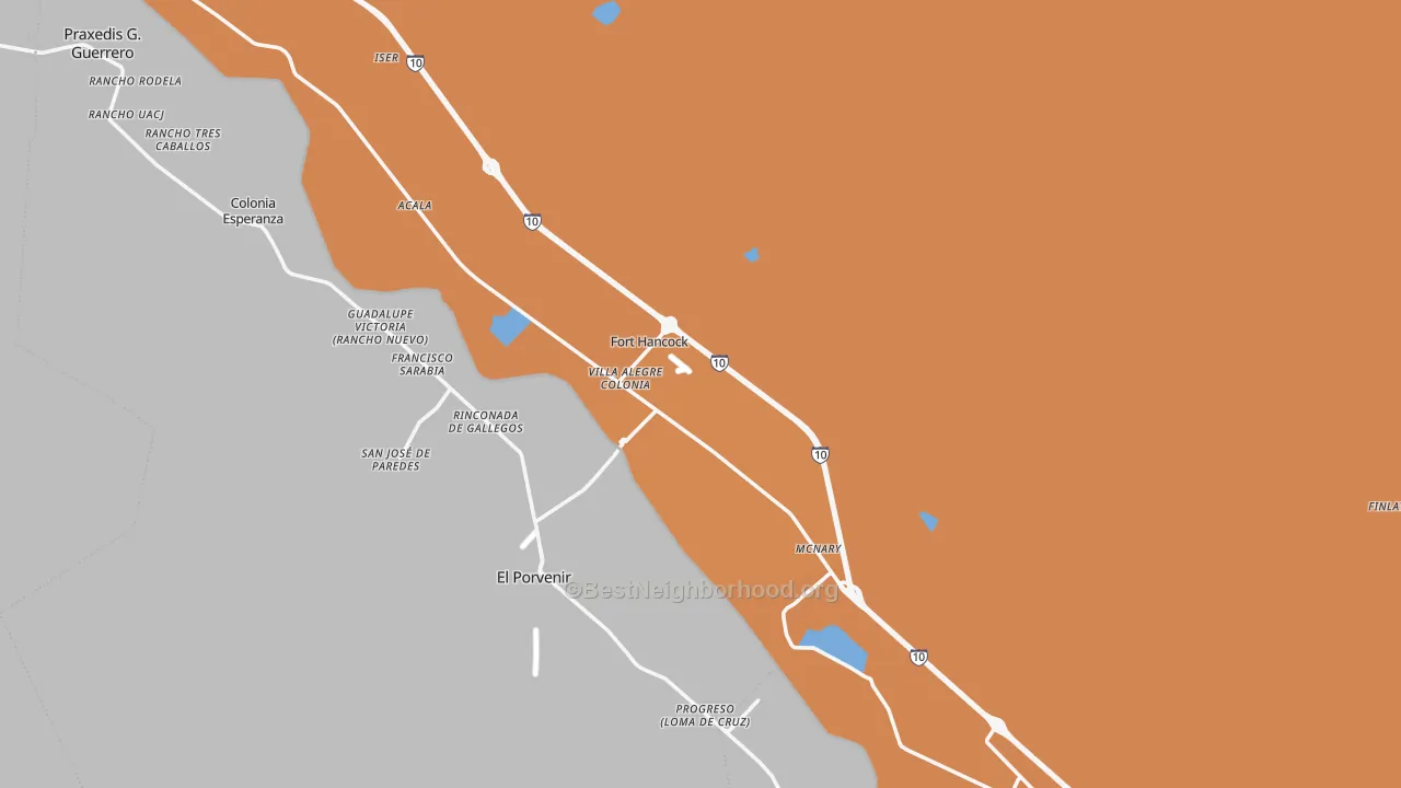 Map of the best neighborhoods in the 79839 area, with better matches in green and worse matches in red