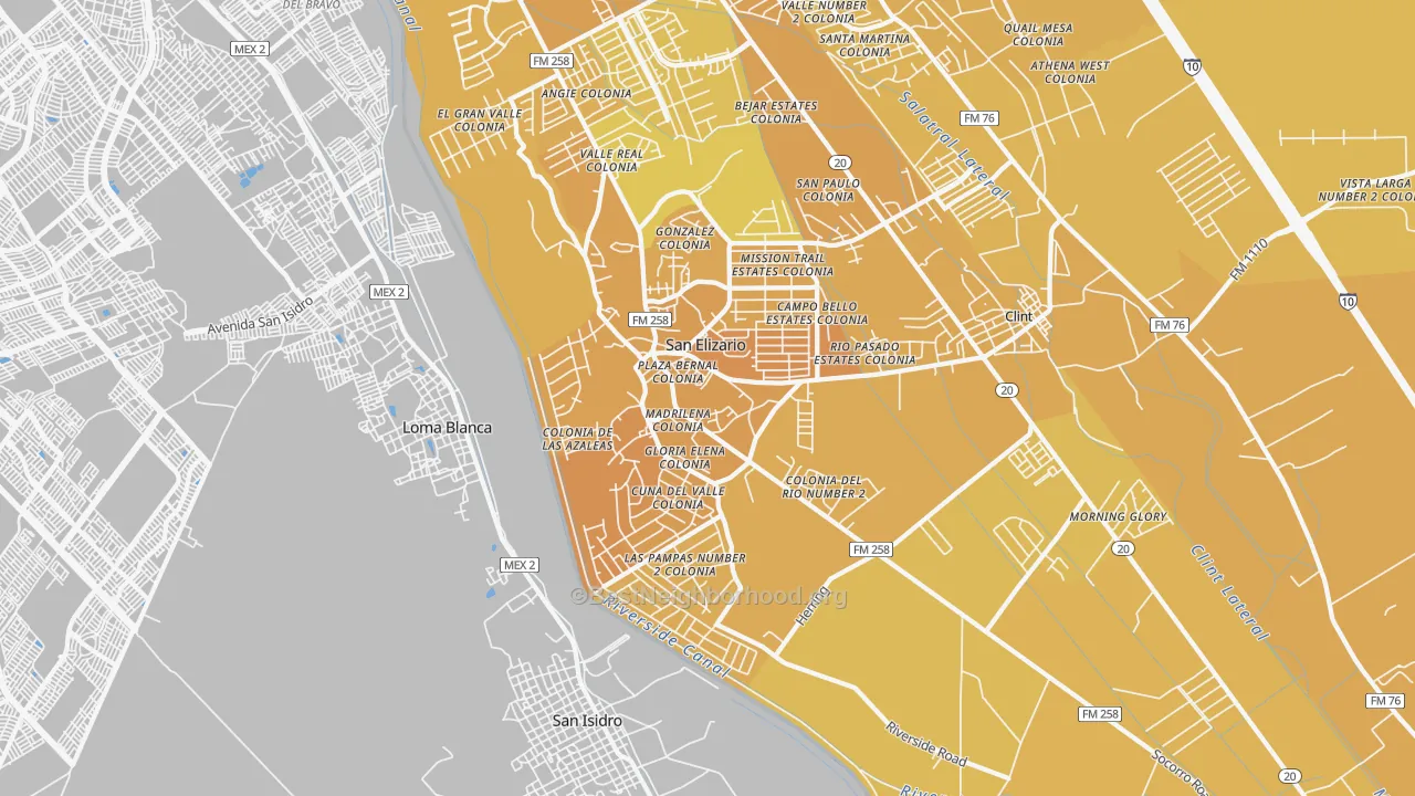Map of the best neighborhoods in the 79849 area, with better matches in green and worse matches in red