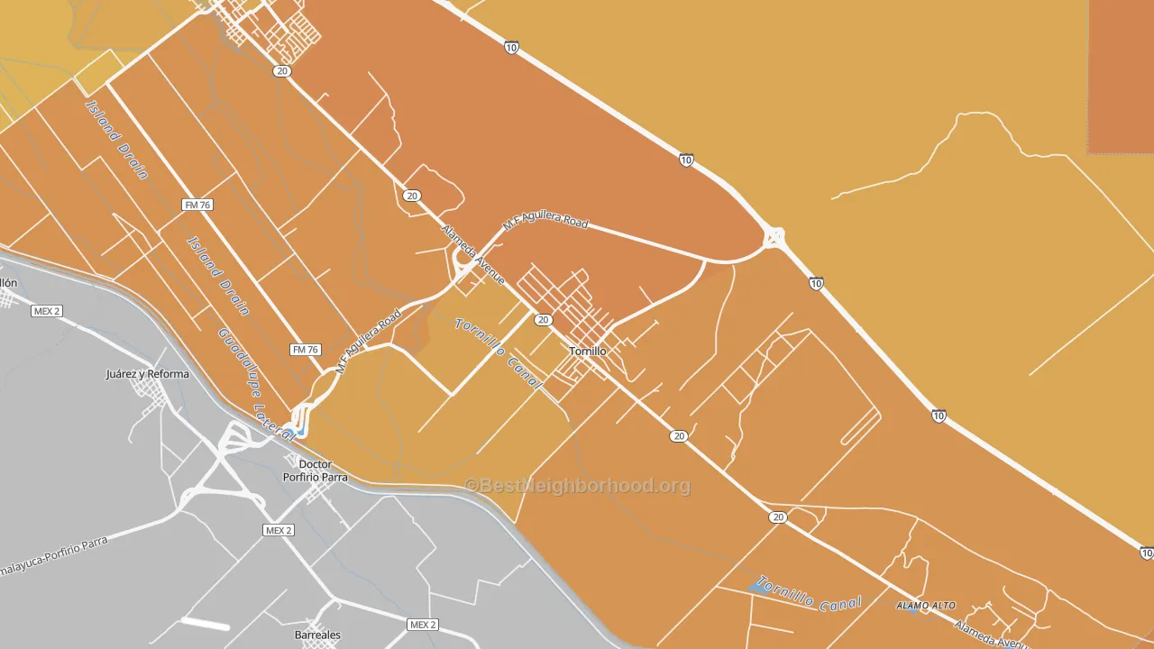 Map of the best neighborhoods in the 79853 area, with better matches in green and worse matches in red