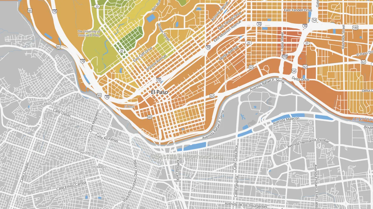 Map of the best neighborhoods in the 79901 area, with better matches in green and worse matches in red