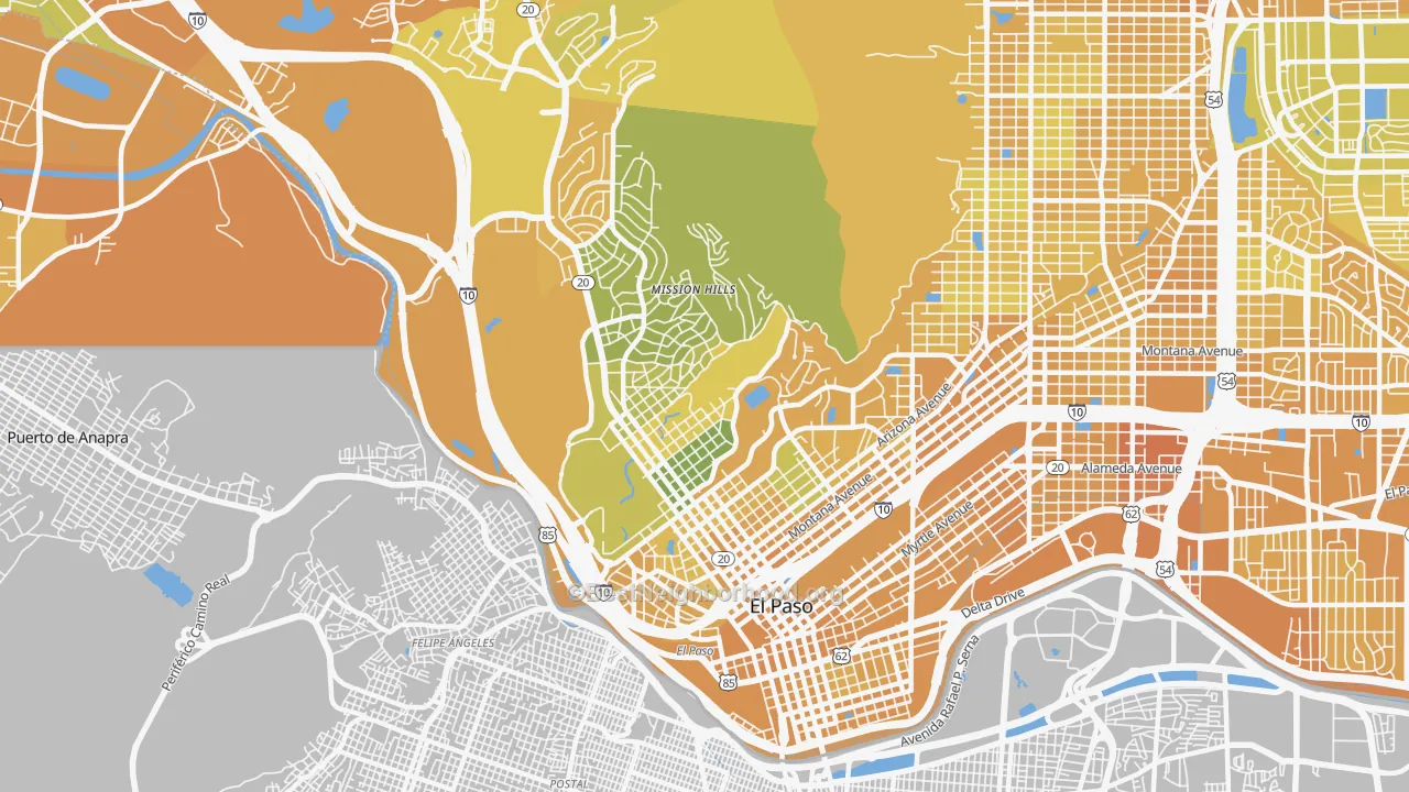 Map of the best neighborhoods in the 79902 area, with better matches in green and worse matches in red