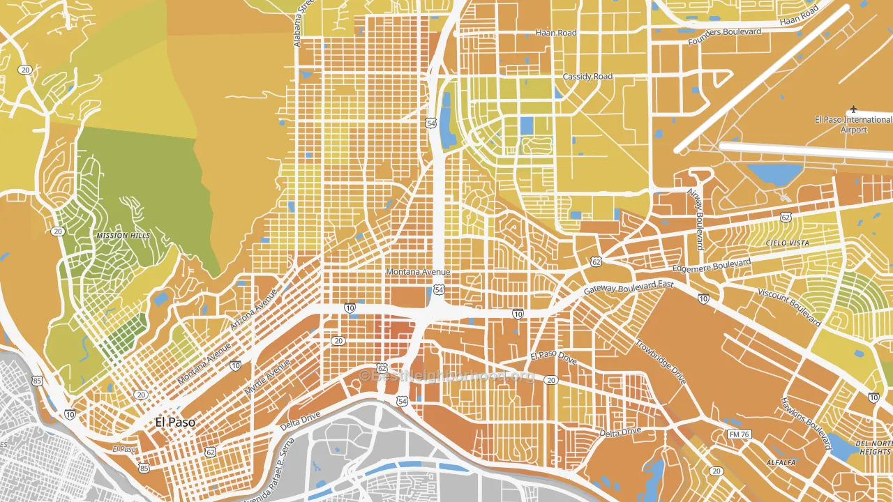 Map of the best neighborhoods in the 79903 area, with better matches in green and worse matches in red