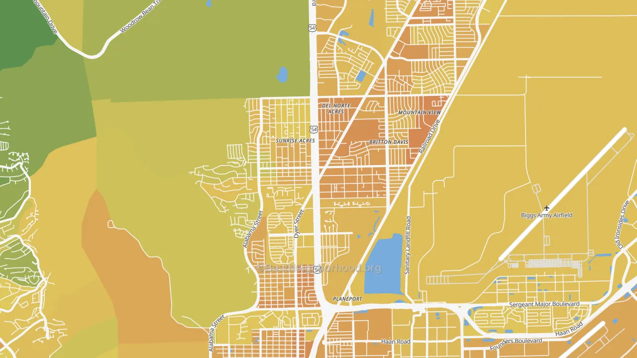 Map of the best neighborhoods in the 79904 area, with better matches in green and worse matches in red