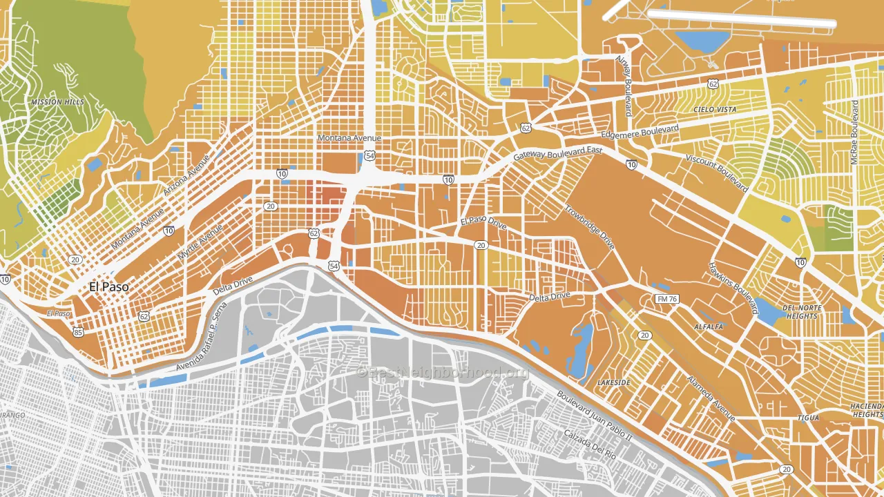 Map of the best neighborhoods in the 79905 area, with better matches in green and worse matches in red