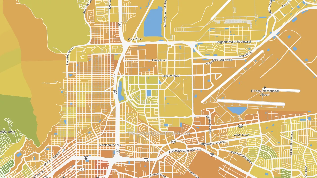 Map of the best neighborhoods in the 79906 area, with better matches in green and worse matches in red