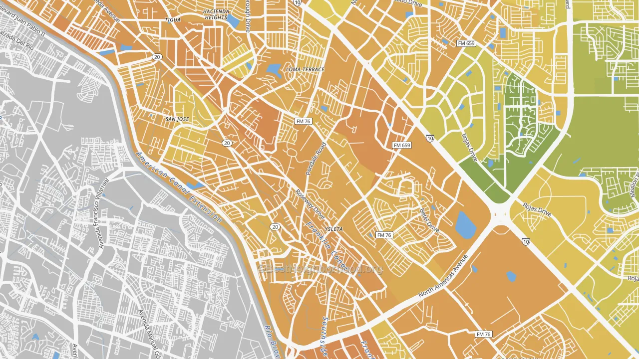 Map of the best neighborhoods in the 79907 area, with better matches in green and worse matches in red