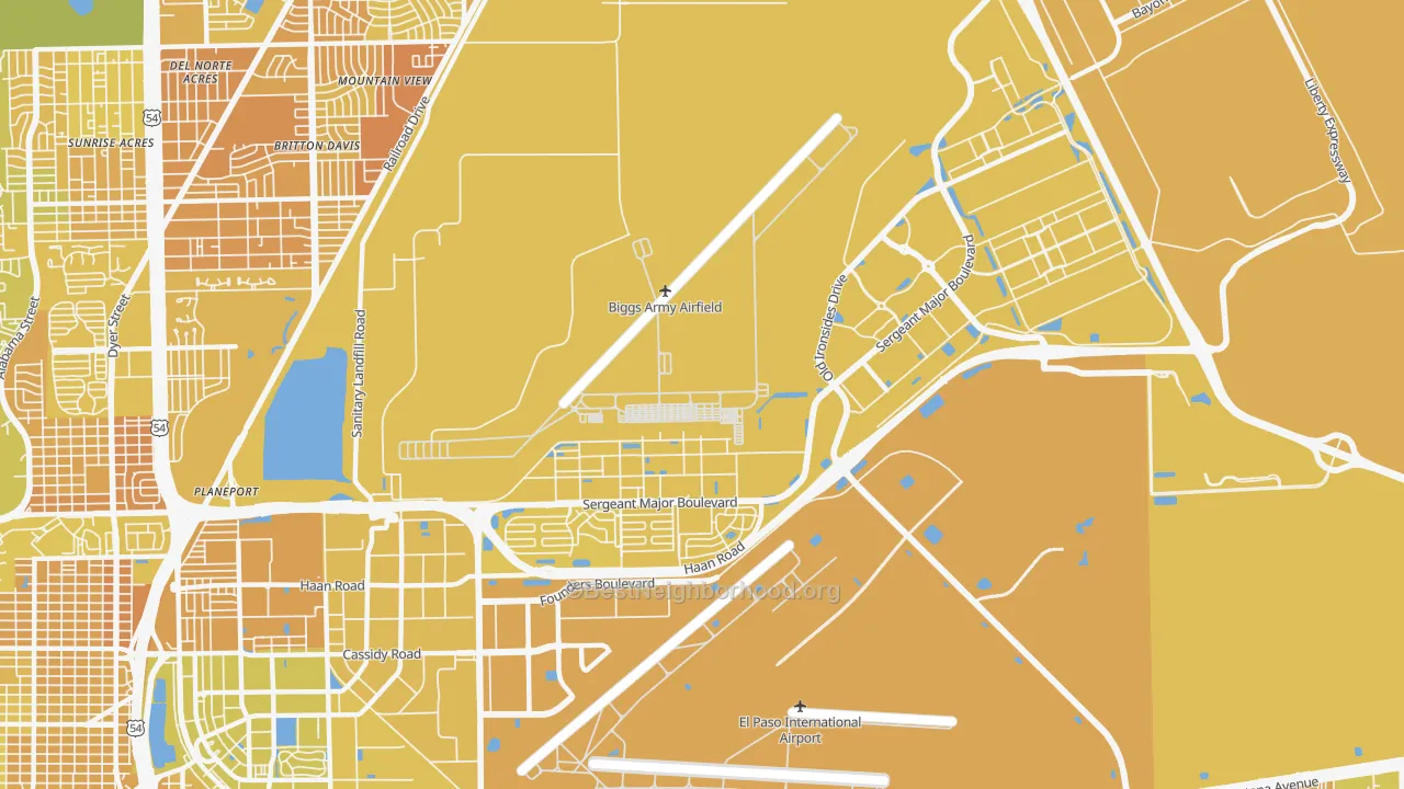 Map of the best neighborhoods in the 79908 area, with better matches in green and worse matches in red