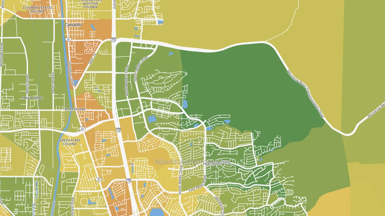 Map of the best neighborhoods in the 79911 area, with better matches in green and worse matches in red