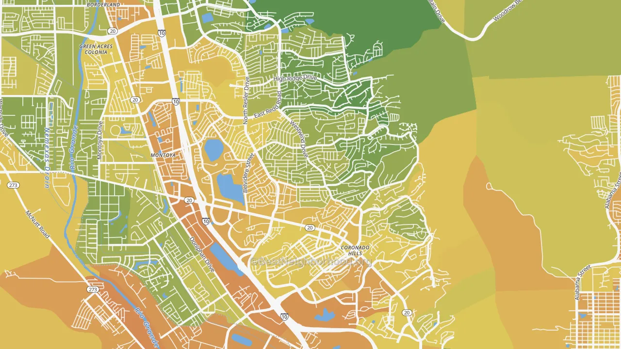 Map of the best neighborhoods in the 79912 area, with better matches in green and worse matches in red