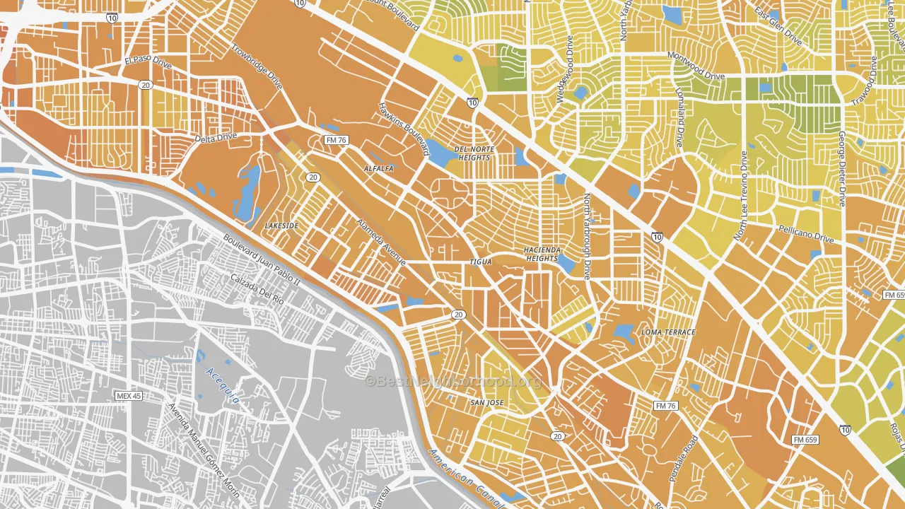 Map of the best neighborhoods in the 79915 area, with better matches in green and worse matches in red