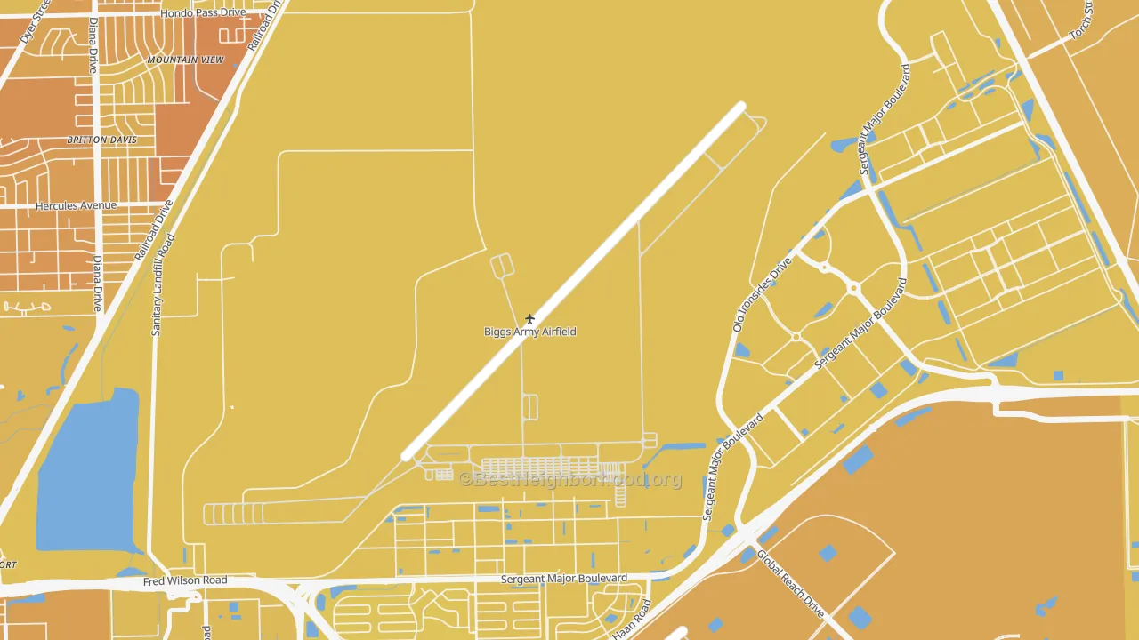 Map of the best neighborhoods in the 79918 area, with better matches in green and worse matches in red