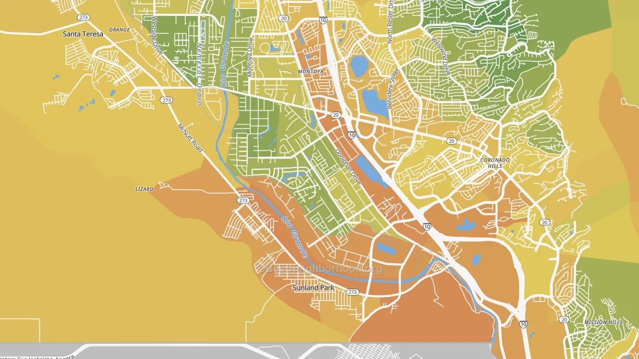 Map of the best neighborhoods in the 79922 area, with better matches in green and worse matches in red