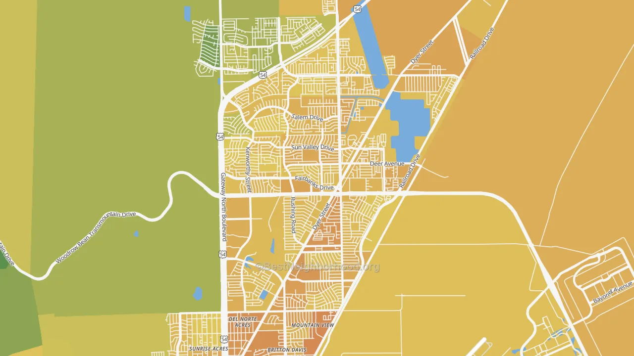 Map of the best neighborhoods in the 79924 area, with better matches in green and worse matches in red