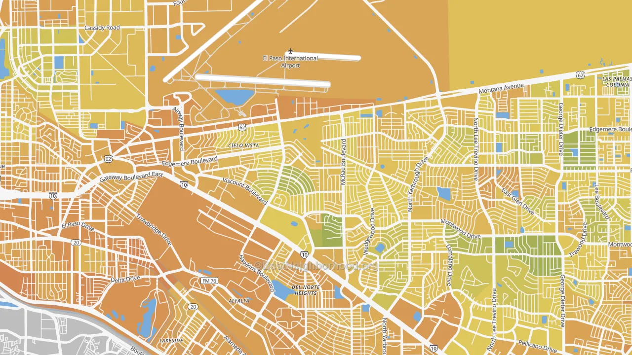 Map of the best neighborhoods in the 79925 area, with better matches in green and worse matches in red