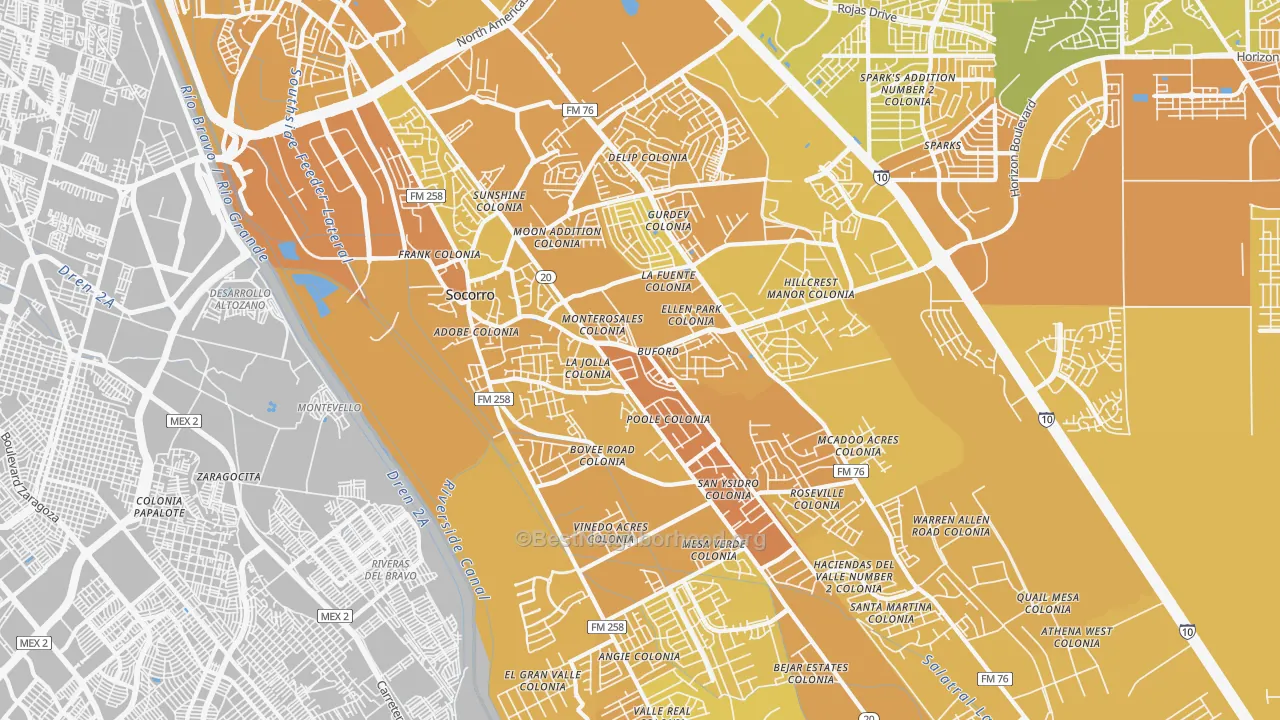 Map of the best neighborhoods in the 79927 area, with better matches in green and worse matches in red