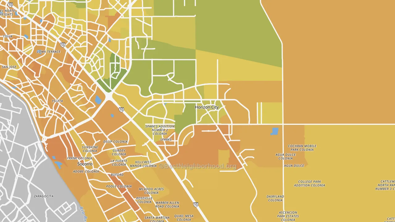 Map of the best neighborhoods in the 79928 area, with better matches in green and worse matches in red