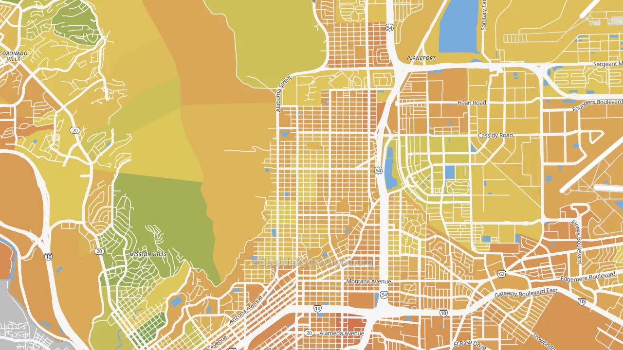 Map of the best neighborhoods in the 79930 area, with better matches in green and worse matches in red