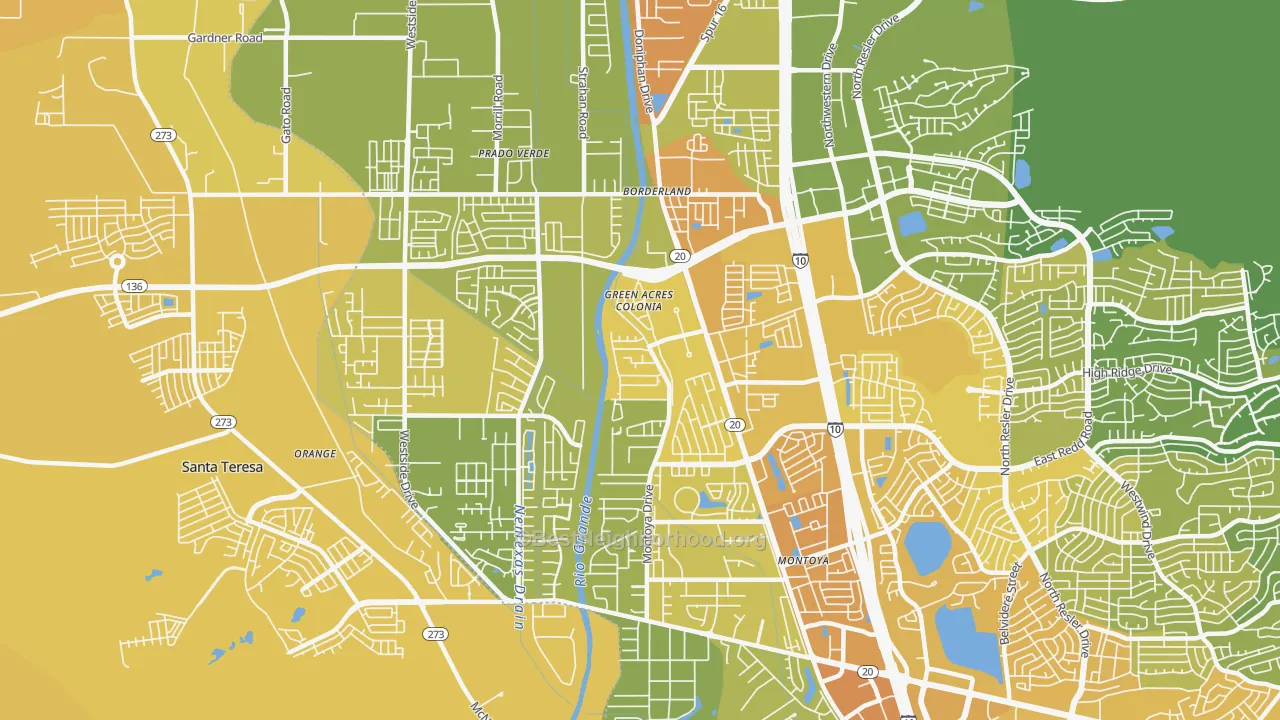 Map of the best neighborhoods in the 79932 area, with better matches in green and worse matches in red