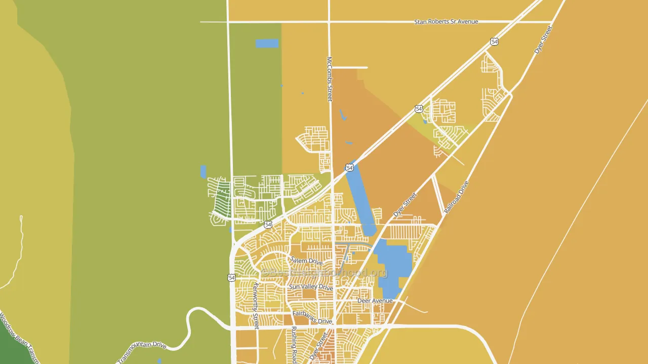 Map of the best neighborhoods in the 79934 area, with better matches in green and worse matches in red
