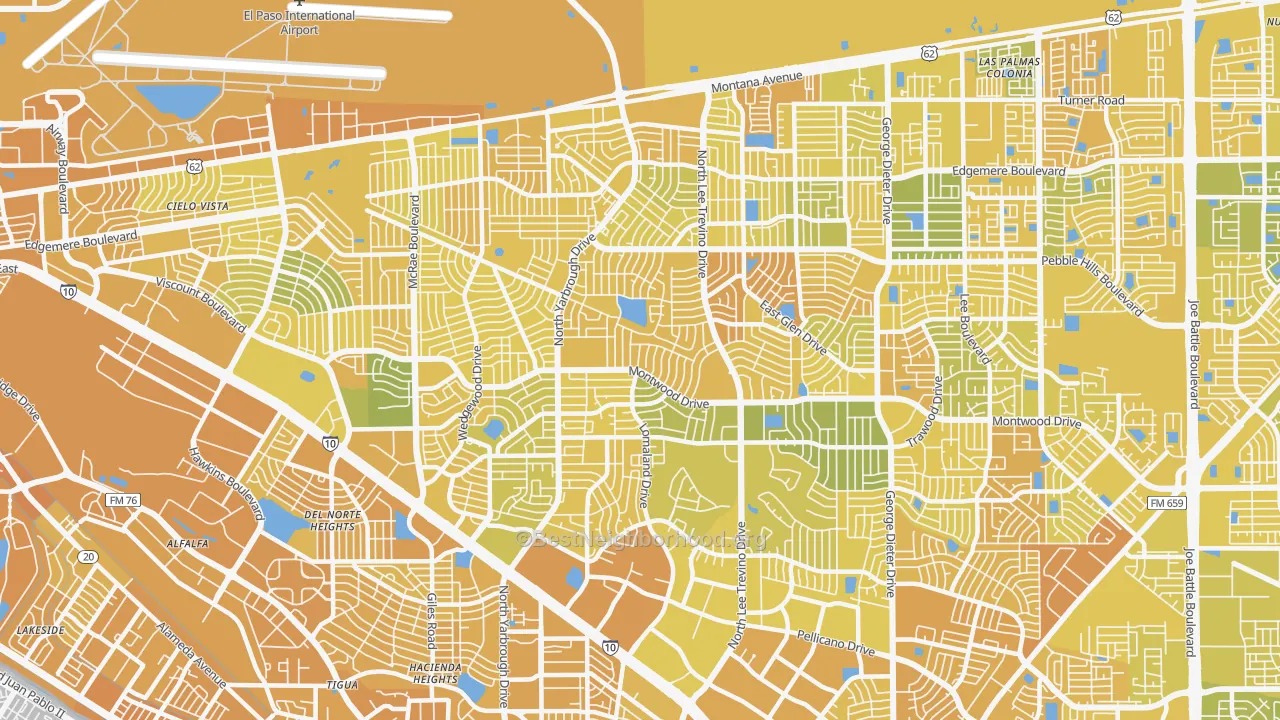 Map of the best neighborhoods in the 79935 area, with better matches in green and worse matches in red