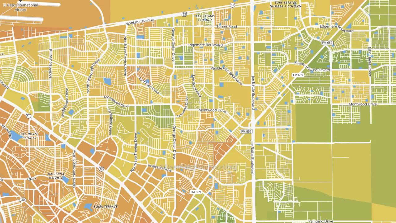 Map of the best neighborhoods in the 79936 area, with better matches in green and worse matches in red
