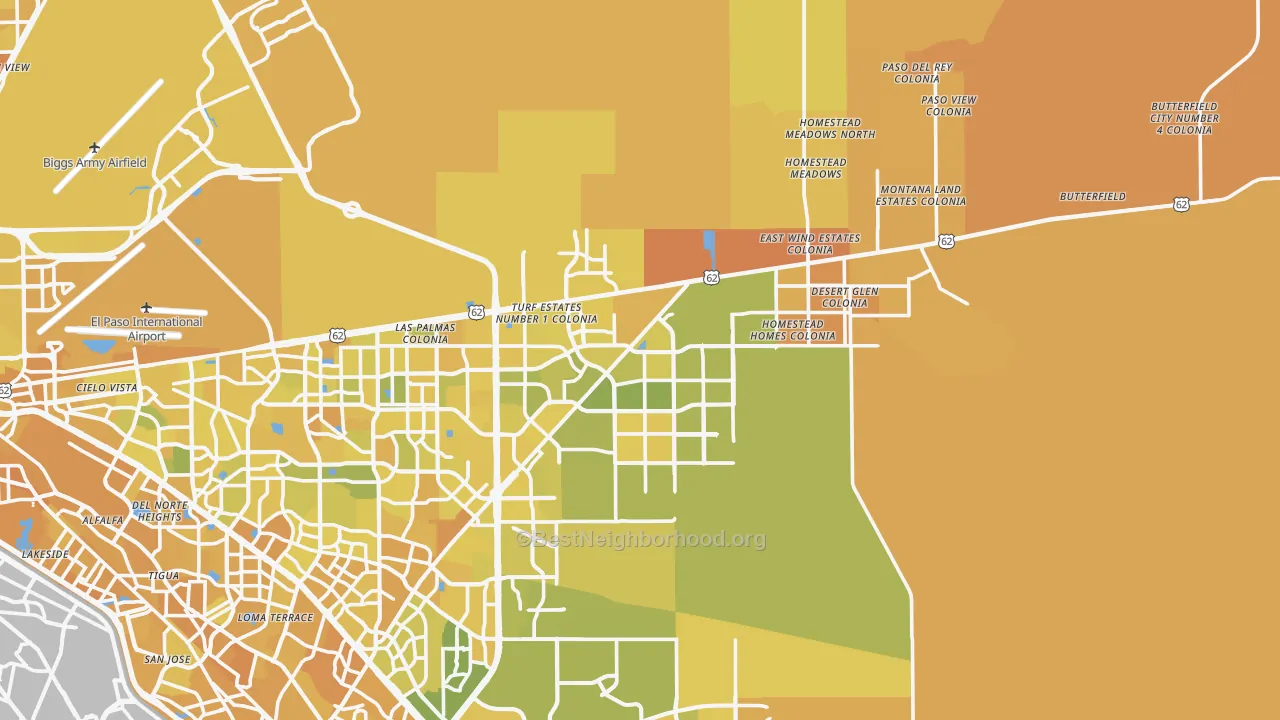 Map of the best neighborhoods in the 79938 area, with better matches in green and worse matches in red