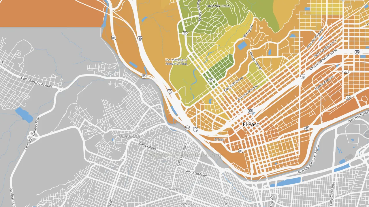 Map of the best neighborhoods in the 79968 area, with better matches in green and worse matches in red