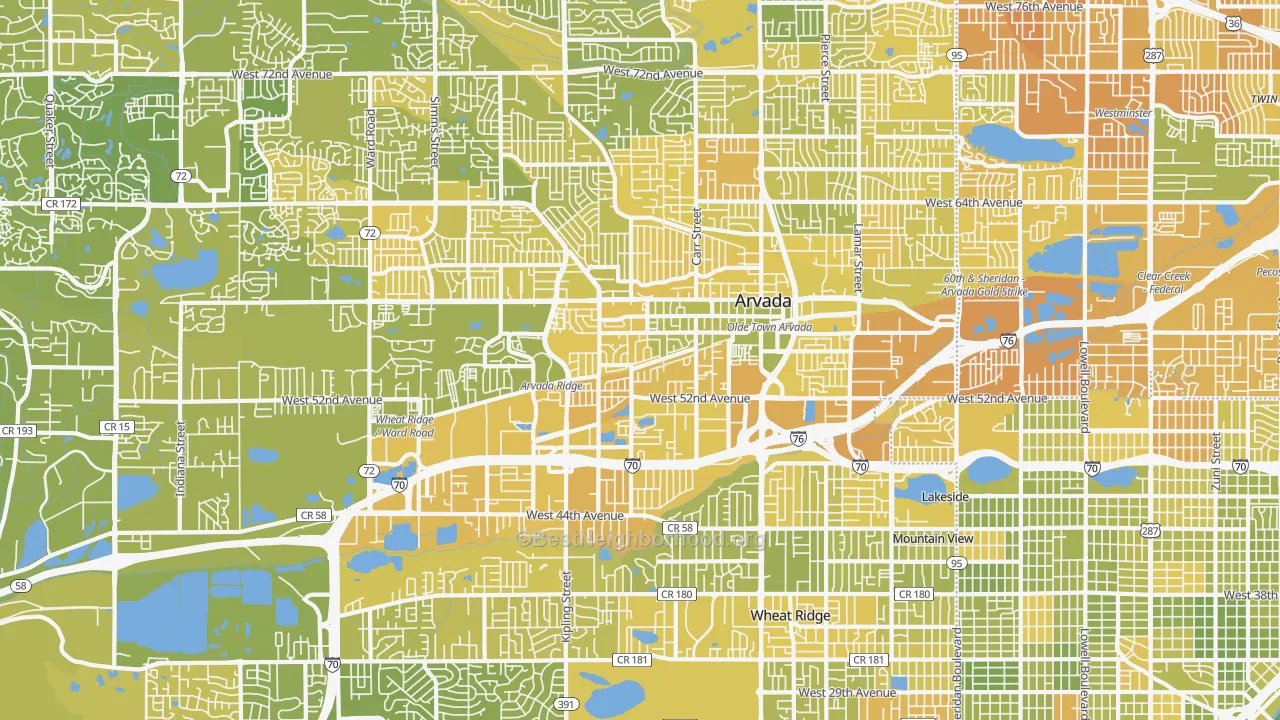 Map of the best neighborhoods in the 80002 area, with better matches in green and worse matches in red