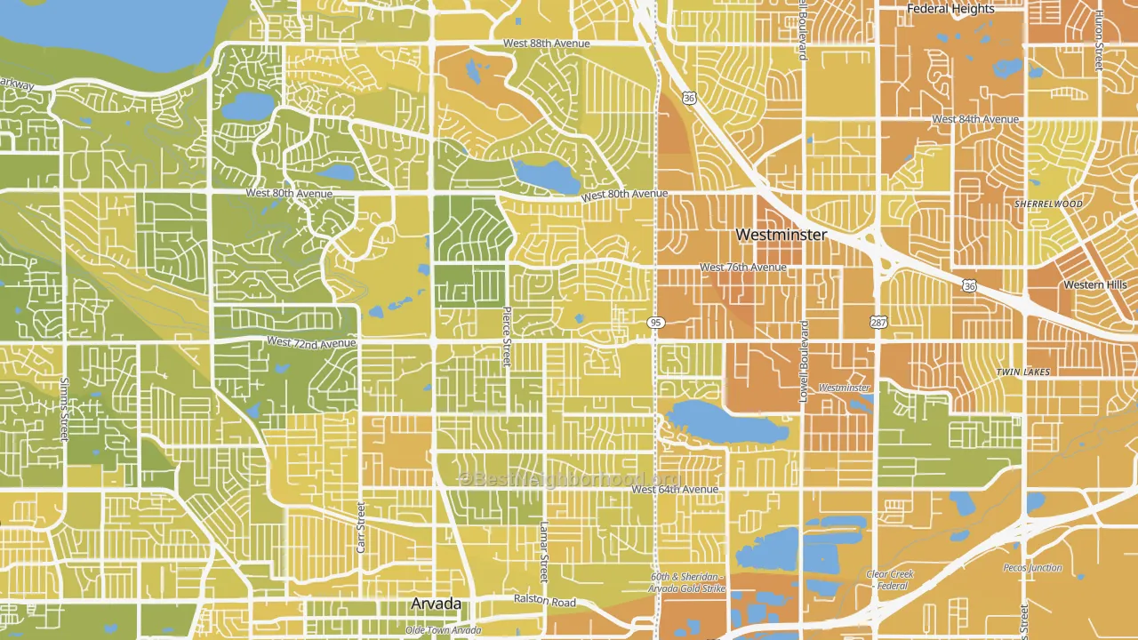 Map of the best neighborhoods in the 80003 area, with better matches in green and worse matches in red