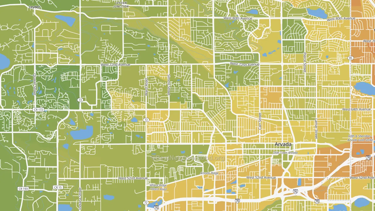 Map of the best neighborhoods in the 80004 area, with better matches in green and worse matches in red